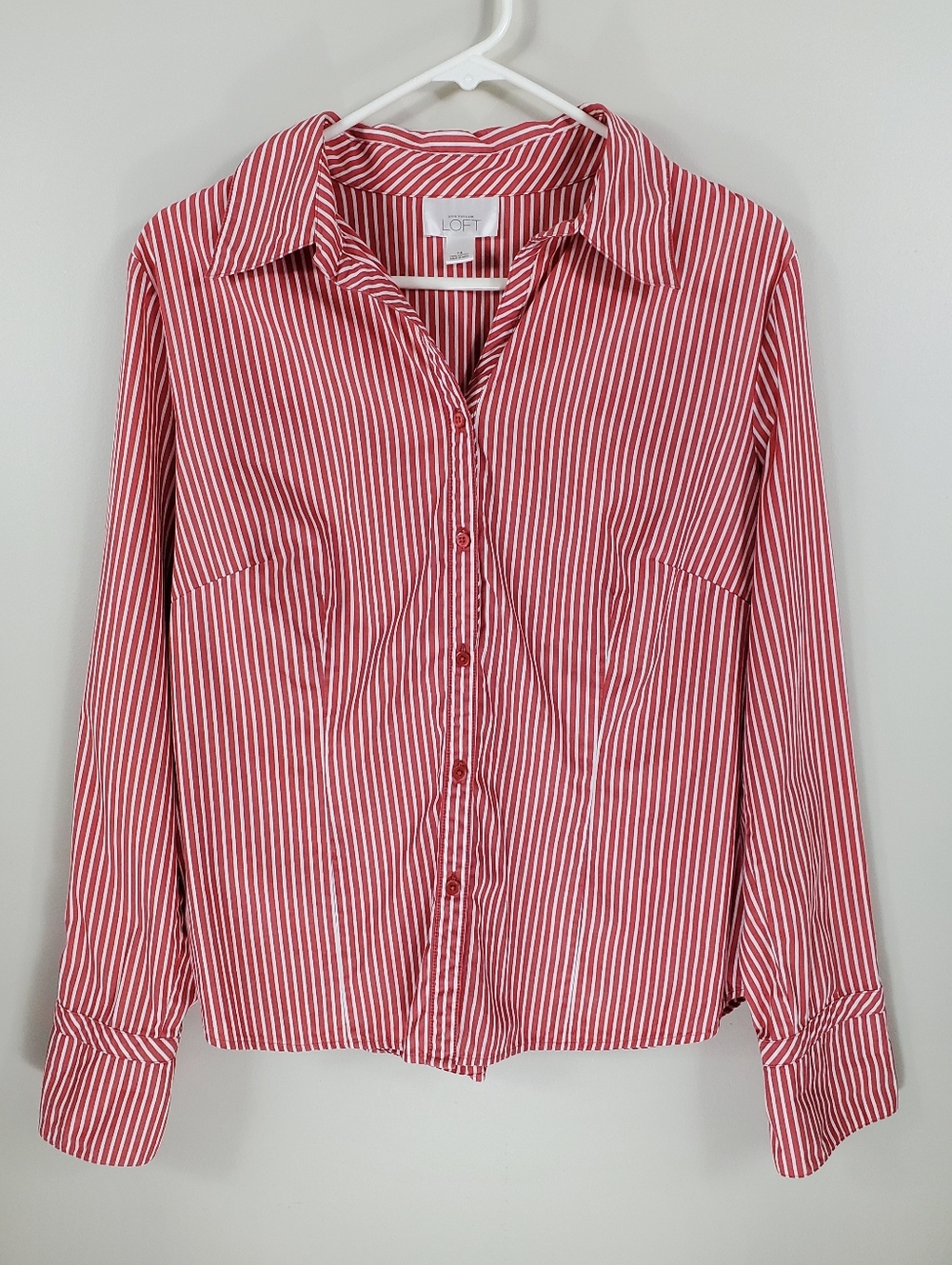 Ann Taylor Loft Size 14 Red White Striped Long Sleeve Button Down Shirt Top